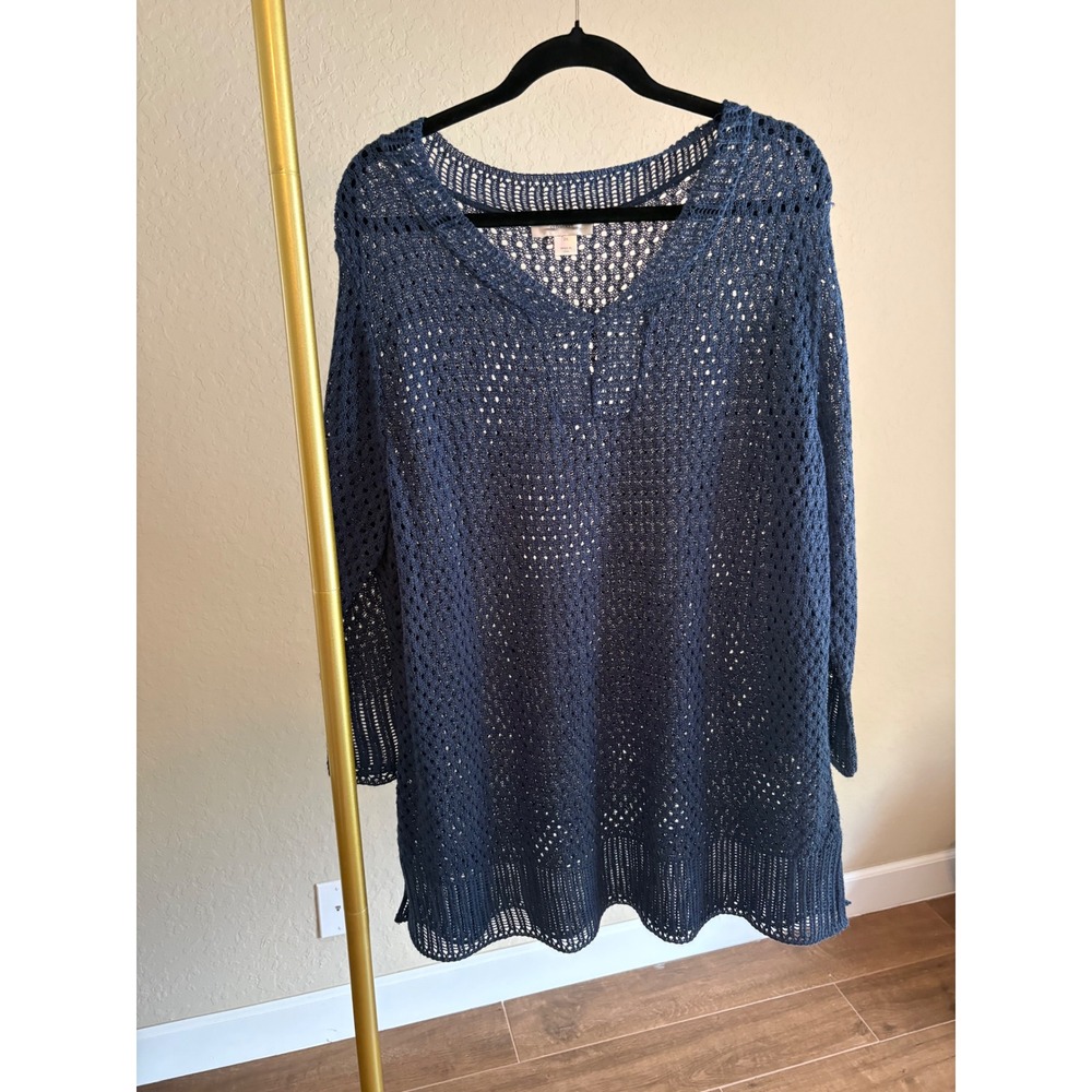 CJ Banks Women Blue Open Knit Crochet Tunic Sweater 2X Boho Layering  Festival